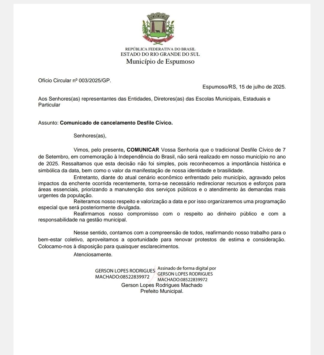 Administração Municipal de Espumoso cancela Desfile Cívico 2025