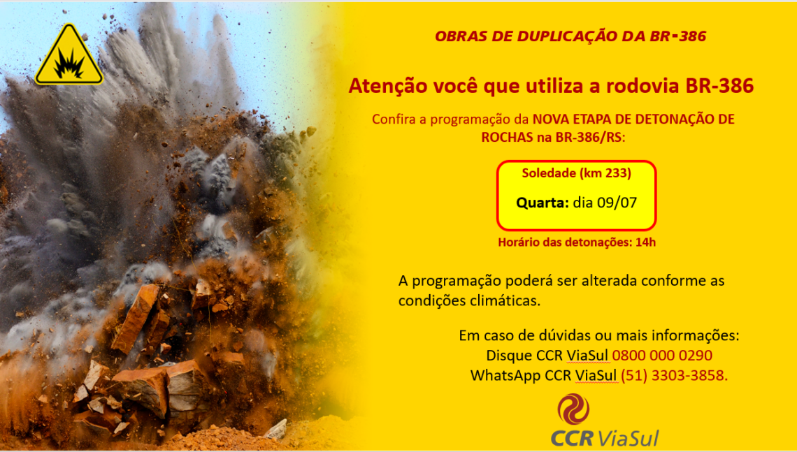CCR ViaSul realiza nova etapa de detonação de rochas na BR-386 em Soledade (RS)