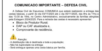 Defesa Civil de Espumoso vai promover entrega de cestas básicas